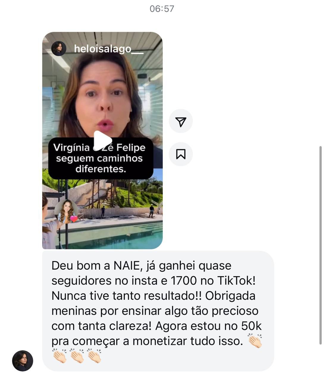 Print de depoimento de aluno no direct